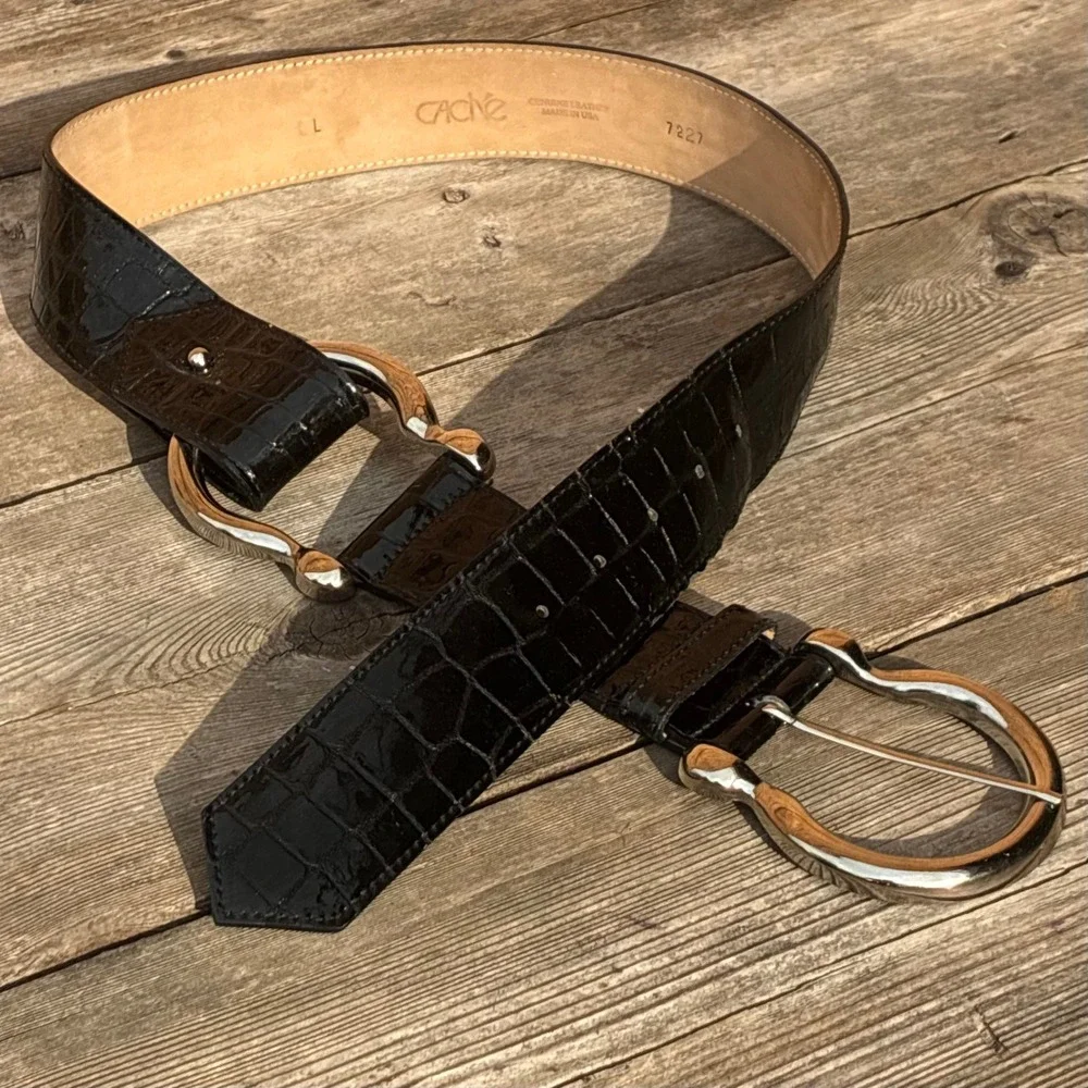 Cache Belt 40' Croc Embossed Patent Leather Wide Black L Horseshoe Buckle 7227